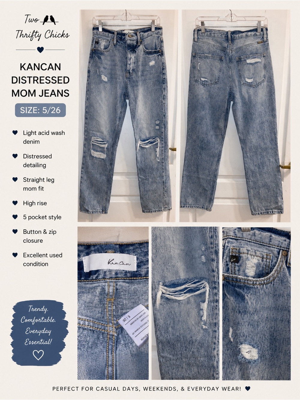KanCan Light Acid Wash Distressed Mom Jeans - Light Blue - Size 5/26 - GUC